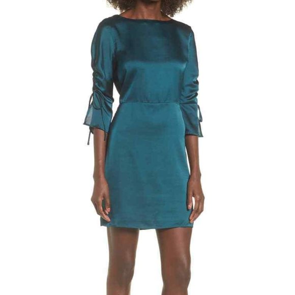 Jewel Green Blue Satin Mini Dress, tie sleeve, open back, Nordstrom, NWT - Picture 1 of 8